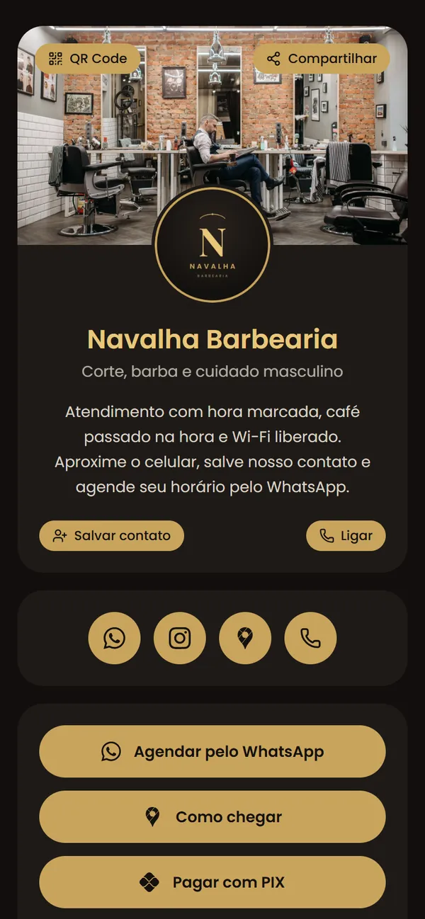 Página de exemplo da Navalha Barbearia aberta no celular, com botões de WhatsApp, mapa e PIX